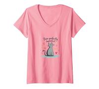 Grafica Carina degli Amanti dei Gatti Perfettamente imperfetti Maglietta con Collo a V, Donna, Rosa, XL