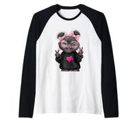 Grafica Grigia con Doppio Segno della Pace con Occhiali Rosa Maglia con Maniche Raglan