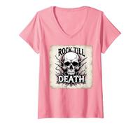 Grafica Heavy Metal Rock Till Death Skull Maglietta con Collo a V, Donna, Rosa, L