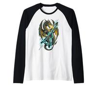 Grafica Musicale Heavy Metal Rock Dragon Guitar Fire Lightning Maglia con Maniche Raglan