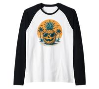 Grafica Tropicale con Ananas Jack O Lanterna Halloween Tramonto Maglia con Maniche Raglan