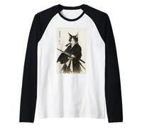 Grafica vintage retrò Ukiyo-e Warrior con gatto samurai Maglia con Maniche Raglan