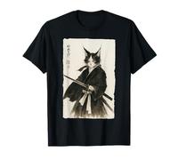 Grafica vintage retrò Ukiyo-e Warrior con gatto samurai Maglietta