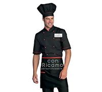 Grafiche Pilia Industria Grafica Giacca Cuoco Mezza Manica Ricamata Isacco con Nome Personalizzabile Online Modello Alicante Nera Profili Rossi Isacco (S)