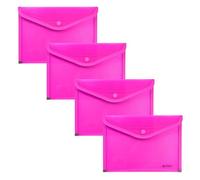 Grafoplas - 4 buste portafogli in plastica, dimensioni quarto con chiusura a bottone, bordino tessuto, 24,5 x 17,5 cm, colore fucsia traslucido, per documenti piccoli A5 o meno, perfetto come