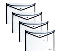 Grafoplas - 4 cartelle buste in plastica formato foglio con chiusura a bottone, bordo tessuto, 33,5 x 24 cm, incolore traslucido, bordo nero, versatile per documenti A4 e A4+, perfetto come portafogli