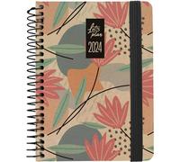 Grafoplas | Agenda annuale 2024 A6 | spagnolo | 10,5 x 14,9 cm | vista settimanale, copertina rigida | copertina in carta kraft e cartone riciclato 100% | chiusura elastica | Modello Design Flores |