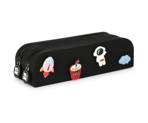 Grafoplás Astuccio in silicone con perni e bobs | 2 scomparti | 20 x 5,5 x 6,5 cm | colore nero | Include 8 perni intercambiabili | Ornamenti per entrambi i lati materiale scolastico, Nero,