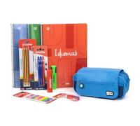 Grafoplás | Confezione astuccio scolastico 3 scomparti con materiale scolastico incluso e taccuini materie primarie | matite, penne, evidenziatori, note adesive, nastro correttore, blu, Scuola