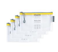 Grafoplas Pack di 4 sacchetti con cerniera EVA Check | Realizzato in gomma EVA trasparente | Cerniera gialla | Ideale per trasportare e proteggere tutti i tipi di piccoli oggetti, controlli o voucher