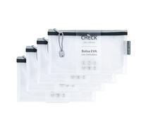 Grafoplas Pack di 4 sacchetti con cerniera EVA Check | Realizzato in gomma EVA trasparente | Cerniera nera | Ideale per trasportare e proteggere tutti i tipi di piccoli oggetti, controlli o voucher