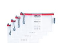 Grafoplas Pack di 4 sacchetti con cerniera EVA Check | Realizzato in gomma EVA trasparente | Cerniera rossa | Ideale per trasportare e proteggere tutti i tipi di piccoli oggetti, controlli o voucher