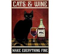 Graman Targa in Metallo in Alluminio Con Gatto e Vino Make Everything Fine - Poster Decorativo da Parete Con Gatto Nero, Cartello Vintage in Latta 20,3 x 30,5 cm