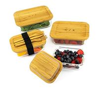 Gramercy contenitore per alimenti in vetro 4x con coperchio in bambù, contenitori per alimenti in vetro con coperchio, senza BPA, contenitore per alimenti in vetro con coperchio a prova di perdite