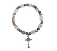 Gramigg Braccialetto religioso con croce in agata naturale con perline e medaglia a crocifisso, rosario sacro per adolescenti, da uomo, cattolico, fatto a mano, per donne