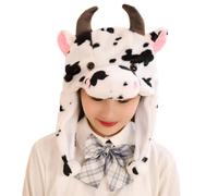 Gramigg Cappello di peluche animale della mucca del latte dei bambini con le orecchie mobili inverno caldo farcito paraorecchie sciarpa Cosplay puntelli