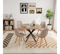 GrandCA HOME Set da pranzo Tavolo da pranzo con 4 sedie, Tavolo da pranzo rotondo in legno 100 * 100 * 75 cm, 4 sedie con schienale alto, Gambe in legno di faggio, (Marrone chiaro + Kaki)