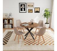 GrandCA HOME Set da pranzo Tavolo da pranzo con 4 sedie, Tavolo da pranzo rotondo in legno 100 * 100 * 75 cm, 4 sedie con schienale alto, Gambe in legno di faggio, (Marrone scuro + Kaki)