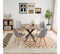 GrandCA HOME Set da pranzo Tavolo da pranzo con 4 sedie, Tavolo da pranzo rotondo in legno 100 * 100 * 75 cm, 4 sedie con schienale alto, Gambe in legno di faggio, (Marrone chiaro + Grigio)