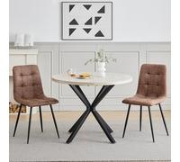GrandCA HOME Set Tavolo e Sedie da Pranzo, 2 Sedie da Pranzo in Pelle Tecnica Marrone Chiaro e un Tavolo da Pranzo Rotondo Moderno da 100 cm, adatti per Cucina e Soggiorno (Pietra di Grotta Gialla)