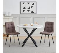 GrandCA HOME Set Tavolo e Sedie da Pranzo, 2 Sedie da Pranzo in Pelle Tecnica Marrone Scuro e un Tavolo da Pranzo Rotondo Moderno da 100 cm, adatti per Cucina e Soggiorno (Marmo Bianco 2)