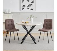 GrandCA HOME Set Tavolo e Sedie da Pranzo, 2 Sedie da Pranzo in Pelle Tecnica Marrone Scuro e un Tavolo da Pranzo Rotondo Moderno da 100 cm, adatti per Cucina e Soggiorno (Pietra di Grotta Gialla)