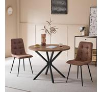 GrandCA HOME Set Tavolo e Sedie da Pranzo, 2 Sedie Pelle Tecnica con Schienale Alto e un Tavolo da Pranzo Rotondo Moderno da 100 cm, Adatti per Sale da Pranzo e Soggiorni (Scuro + Marrone Chiaro)