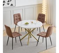 GrandCA HOME Set Tavolo e Sedie da Pranzo, 4 Sedie da Pranzo in Pelle Tecnica Marrone Chiaro e un Tavolo da Pranzo Rotondo Moderno da 100 cm, adatti per Cucina e Soggiorno (Marmo Bianco 1)