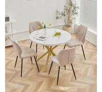 GrandCA HOME Set Tavolo e Sedie da Pranzo, Tavolo da Pranzo Rotondo da 100 CM e 4 Sedie Moderne in Lino, per Sala da Pranzo, Cucina, Soggiorno (Marmo + Cachi)