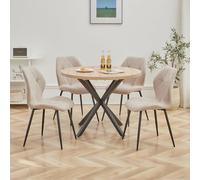 GrandCA HOME Set Tavolo e Sedie da Pranzo, Tavolo da Pranzo Rotondo da 100 CM e 4 Sedie Moderne in Lino, per Sala da Pranzo, Cucina, Soggiorno (Chiaro + Cachi)