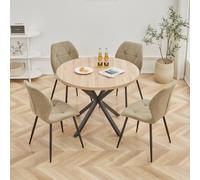 GrandCA HOME Set Tavolo e Sedie da Pranzo, Tavolo da Pranzo Rotondo da 100 CM e 4 Sedie Moderne in Lino, per Sala da Pranzo, Cucina, Soggiorno (Chiaro + Verde)