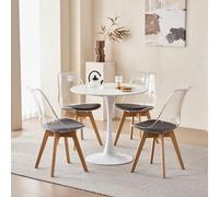 GrandCA HOME Tavolo da Pranzo con 4 Sedie, Tavolo da Pranzo Rotondo Moderno Bianco da 80 CM, 4 Sedie da Cucina Trasparenti Tulip, per Cucina, Soggiorno (Nere)