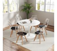 GrandCA HOME Tavolo da Pranzo con 6 Sedie, Tavolo da Pranzo Rotondo Moderno Bianco da 110 CM, 6 Sedie da Cucina Trasparenti Tulip, per Cucina, Soggiorno (Nere)