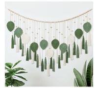 Grande arazzo da parete in macramè beige e verde con foglie e nappe, arazzo con perline di legno, decorazione boho fatta a mano per camera d