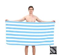 Grande asciugamano da spiaggia in microfibra con sacchetto, 160 x 90 cm, strisce blu chiaro da spiaggia, asciugatura rapida, anti-sabbia, morbido e super assorbente, portatile leggero, per piscina