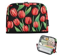 Grande astuccio con cerniera, astuccio per matite e matite, per ragazzi e ragazze, con stampa animale, organizer per il rientro a scuola, tulipano rosso, fiori, foglie verdi, nero
