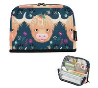 Grande astuccio per matite con cerniera, astuccio per matite e matite, per ragazze e adolescenti, con stampa artistica, organizer per il rientro a scuola, simpatiche facce di mucca, floreale, scuro