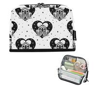 Grande astuccio per matite con cerniera, astuccio per matite per ragazze in stuccio per penne Kawaii per bambini per il rientro a scuola, organizer scheletri, cuori neri, stelle, bianco