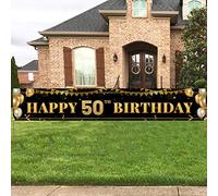 Grande bandiera decorativa per 50° compleanno, colore: nero e oro con scritta "Happy 50th Birthday", decorazione per il 50° compleanno, materiale da 3 x 0,5 m
