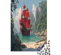 Grande barca di legno con vele rosse ancorata su un'isola nella giungla|| Puzzle Divertenti Per Tutta La Famiglia 38x26cm/1000pcs Adulti