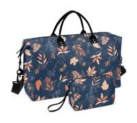 Grande borsa da donna con foglie autunnali con fiore blu, borsa sportiva da palestra, borsa da weekender, borsa da notte con tracolla regolabile per escursionismo, set da 2 pezzi, Foglie d'autunno con
