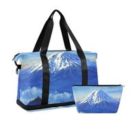 Grande borsa da palestra blu con paesaggio montano cartone animato borsa da viaggio borsa da viaggio pieghevole per il weekend durante la notte con cinghia regolabile, Paesaggio di montagna blu dei, 1