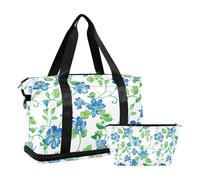 Grande borsa da palestra con tracolla regolabile per viaggi d'affari e viaggi di lavoro, colore: blu con motivo floreale verde, Motivo floreale blu verde, 1 size