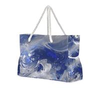 Grande borsa da spiaggia con tasche laterali e blu e bianche con portabicchieri sul lato