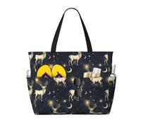 Grande borsa da spiaggia da donna a prova di sabbia, blu scuro con cielo stellato, stampa alce, borsa tote con cerniera