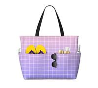 Grande borsa da spiaggia da donna a prova di sabbia, con stampa a griglia ombré viola, rosa, estiva, lavoro, viaggi, con cerniera