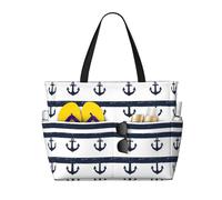 Grande borsa da spiaggia da donna a prova di sabbia, con stampa ad ancora, blu e bianca, borsa tote con cerniera
