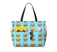 Grande borsa da spiaggia da donna a prova di sabbia, con stampa blu manzo hamburger, borsa tote con cerniera