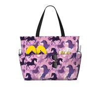 Grande borsa da spiaggia da donna a prova di sabbia, con stampa di cavalli viola, estiva, lavoro, viaggi, con cerniera