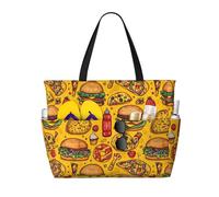 Grande borsa da spiaggia da donna, a prova di sabbia, con stampa di cibo e hamburger, estiva, lavoro, viaggi, con cerniera